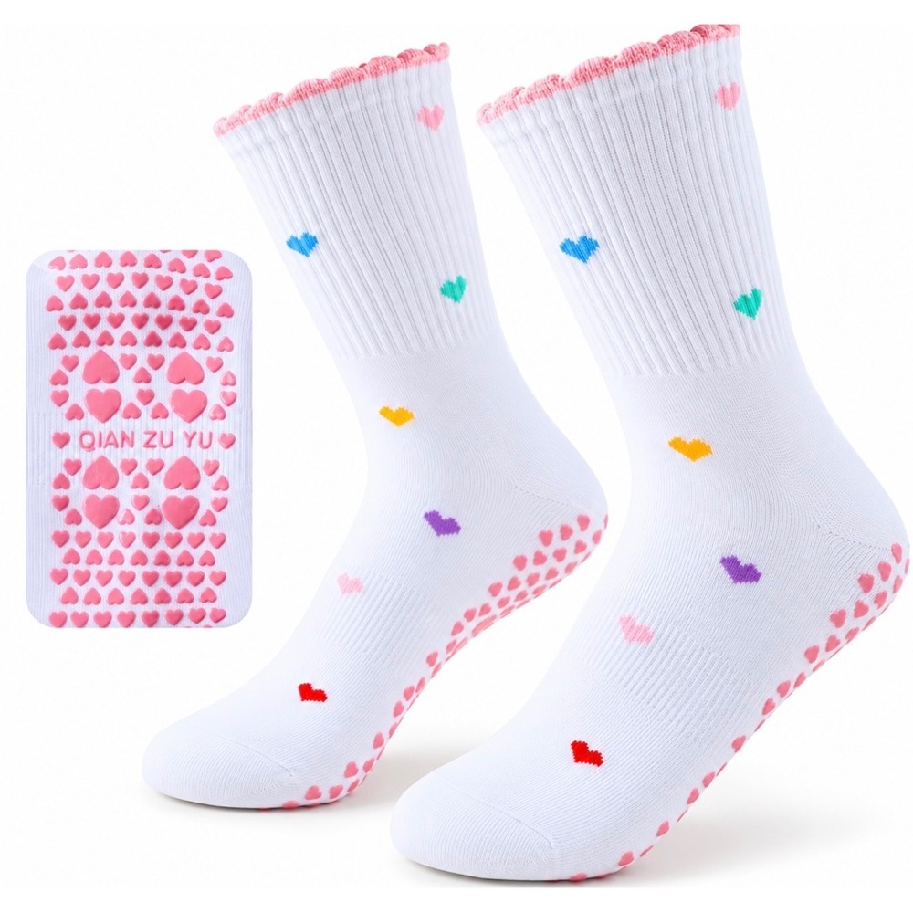 Women's Heart print Grip Pilates Socks Non-Slip Yoga Crew Socks Lettuce Trim